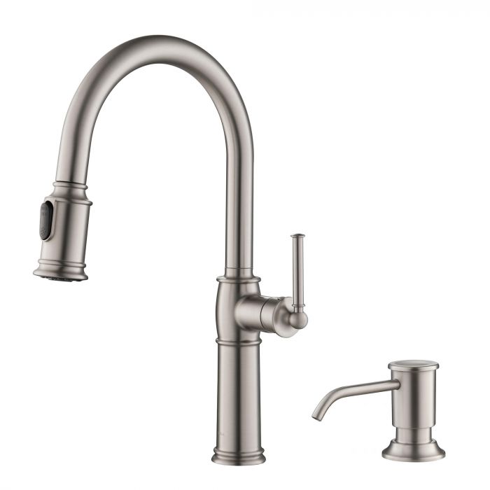Kraus Sellette Traditional Single Handle Pull-Down Kitchen Faucet with Soap Dispenser & Deck Plate - Spot Free Stainless Steel - KPF-1682SFS-KSD-80SFS