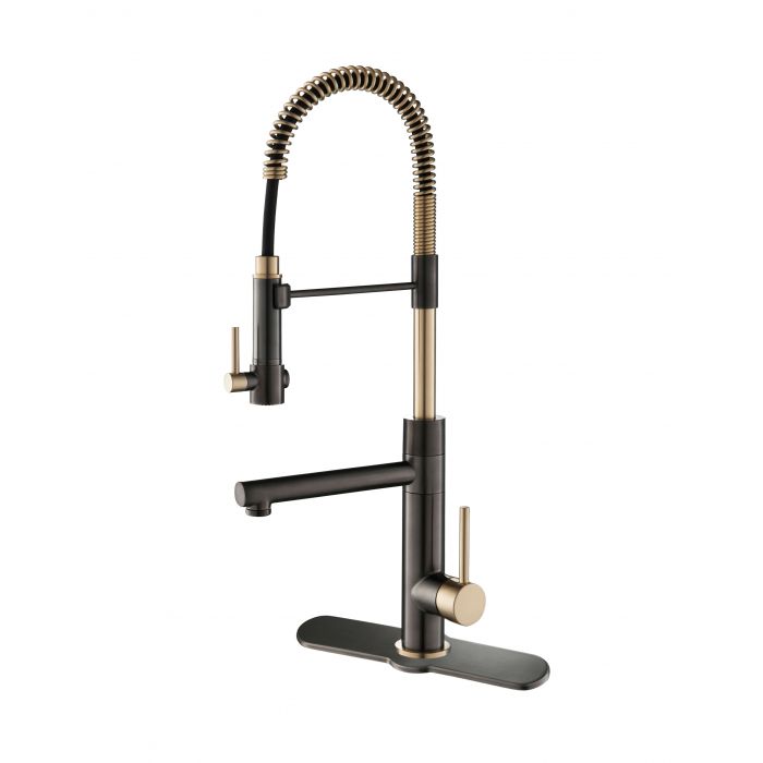 Kraus Artec Pro 2-Function Commercial Style Pre-Rinse Kitchen Faucet with Pull-Down Spring Spout & Pot Filler with Matching Deck Plate - Black Stainless Steel/Brushed Gold - KPF-1603SBBG-DP03SB