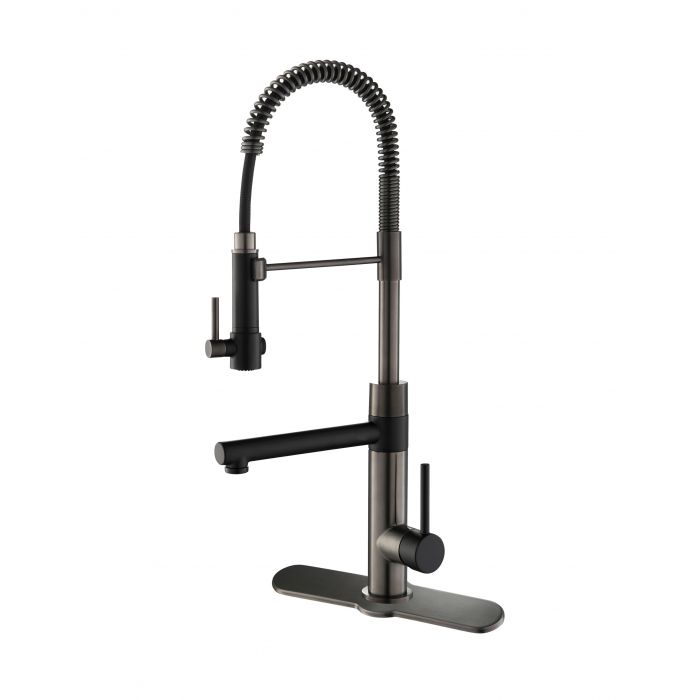 Kraus Artec Pro 2-Function Commercial Style Pre-Rinse Kitchen Faucet with Pull-Down Spring Spout & Pot Filler with Matching Deck Plate - Matte Black/Black Stainless Steel - KPF-1603MBSB-DP03SB