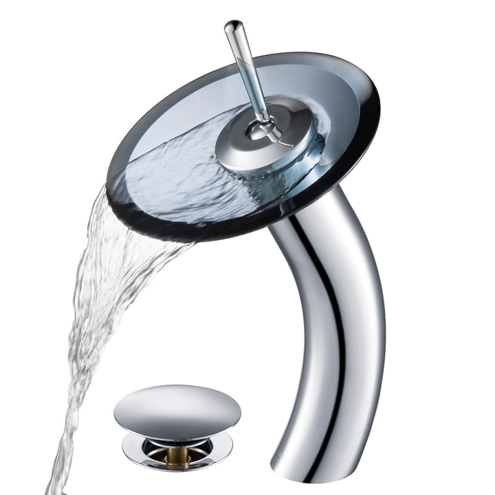 Kraus Waterfall Bathroom Faucet with Clear Black Glass Disk and Pop-Up Drain - Chrome - KGW-1700-PU-10CH-BLCL