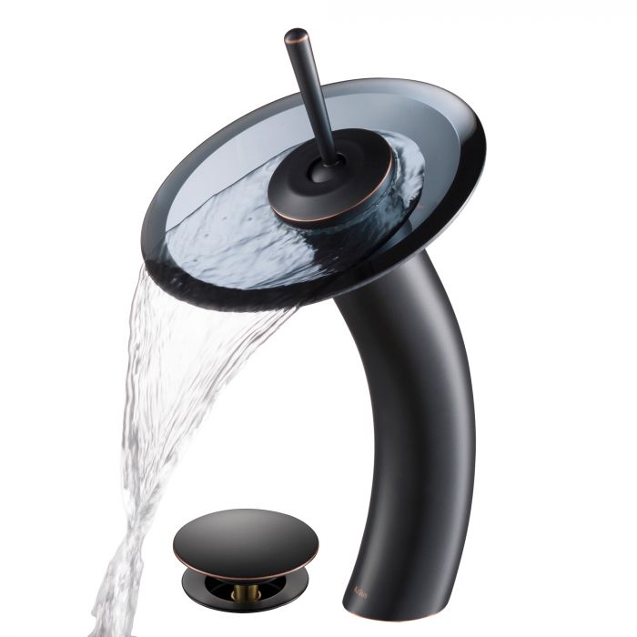 Kraus Waterfall Bathroom Faucet with Clear Black Glass Disk and Pop-Up Drain - Oil Rubbed Bronze - KGW-1700-PU-10ORB-BLCL