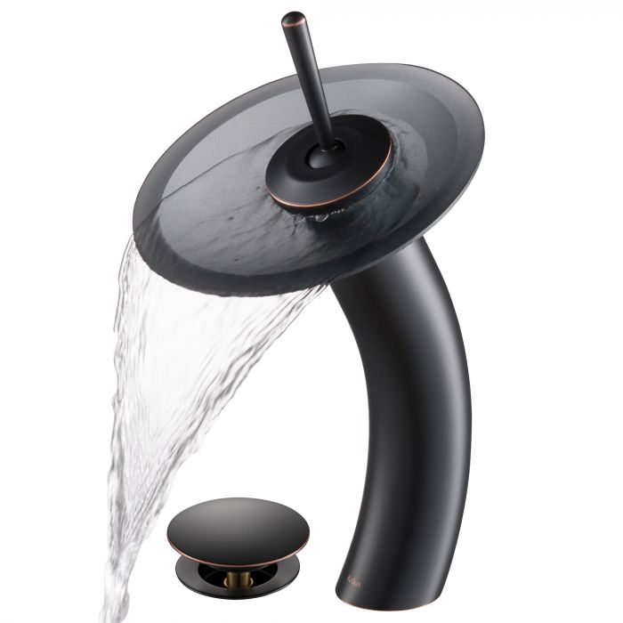 Kraus Waterfall Bathroom Faucet with Frosted Black Glass Disk and Pop-Up Drain - Oil Rubbed Bronze - KGW-1700-PU-10ORB-BLFR