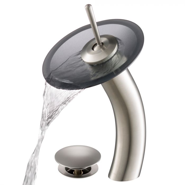 Kraus Waterfall Bathroom Faucet with Frosted Black Glass Disk and Pop-Up Drain - Satin Nickel - KGW-1700-PU-10SN-BLFR