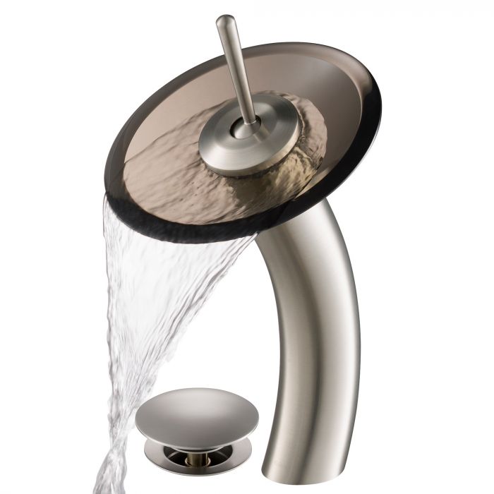 Kraus Waterfall Bathroom Faucet with Clear Brown Glass Disk and Pop-Up Drain - Satin Nickel - KGW-1700-PU-10SN-BRCL