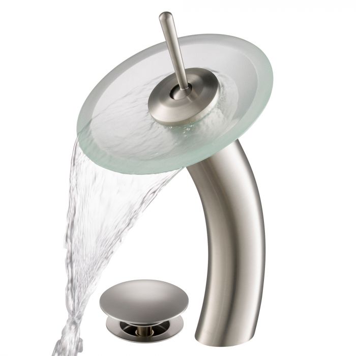Kraus Waterfall Bathroom Faucet with Frosted Glass Disk with Pop-Up Drain - Satin Nickel - KGW-1700-PU-10SN-FR