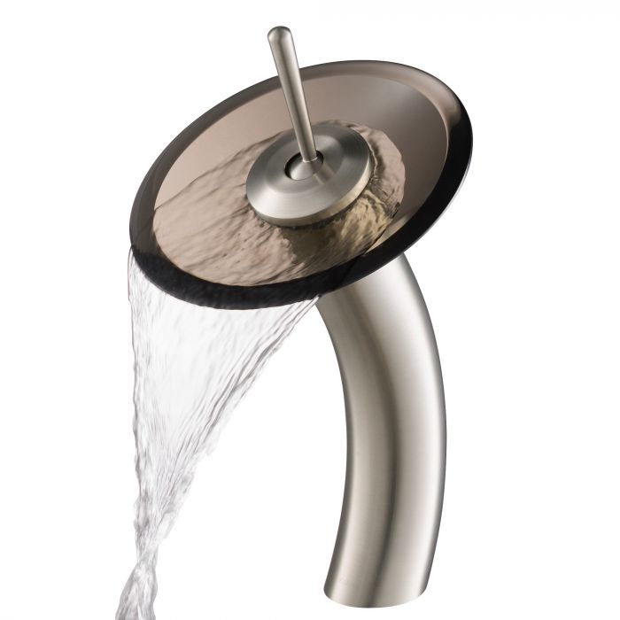 Kraus Waterfall Bathroom Faucet with Clear Brown Glass Disk - Satin Nickel - KGW-1700SN-BRCL