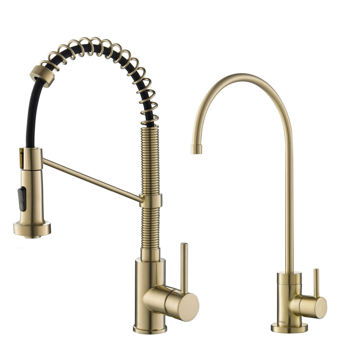 Kraus Bolden Commercial Style Pull-Down Kitchen Faucet & Water Filter Faucet Combo - Brushed Gold - KPF-1610-FF-100BG