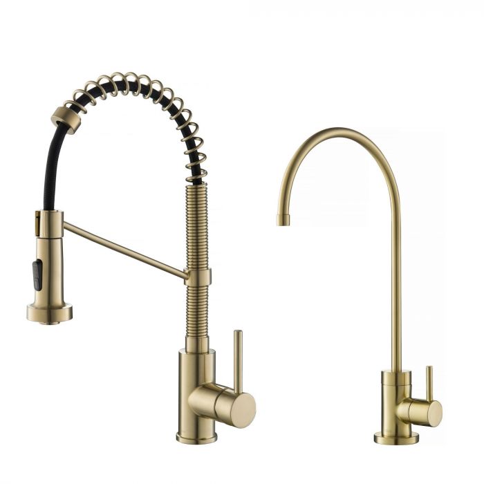 Kraus Bolden Commercial Style Pull-Down Kitchen Faucet & Water Filter Faucet Combo - Spot Free Antique Champagne Bronze - KPF-1610-FF-100SFACB