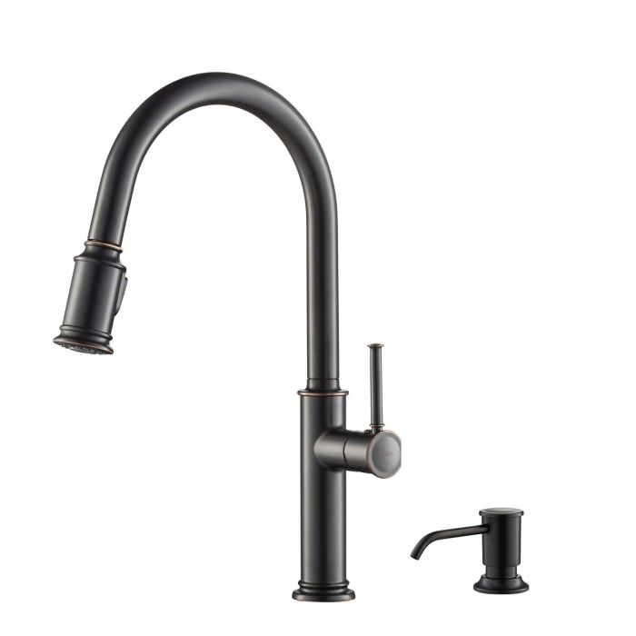 Kraus Sellette Single Handle Pull Down Kitchen Faucet with Deck Plate & Soap Dispenser - Oil Rubbed Bronze Finish - KPF-1680ORB-KSD-80ORB
