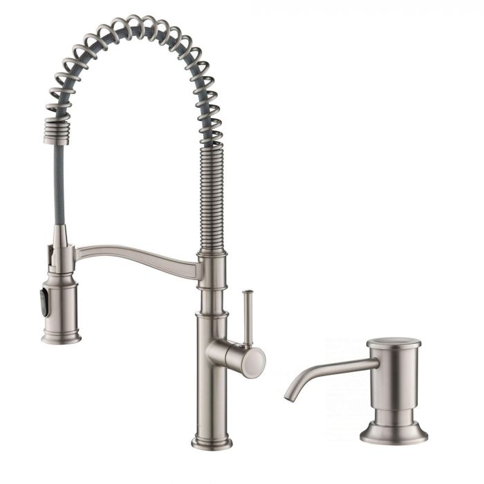 Kraus Sellette Commercial Style Pull-Down Kitchen Faucet with Deck Plate & Soap Dispenser - Spot Free Stainless Steel - KPF-1683SFS-KSD-80SFS