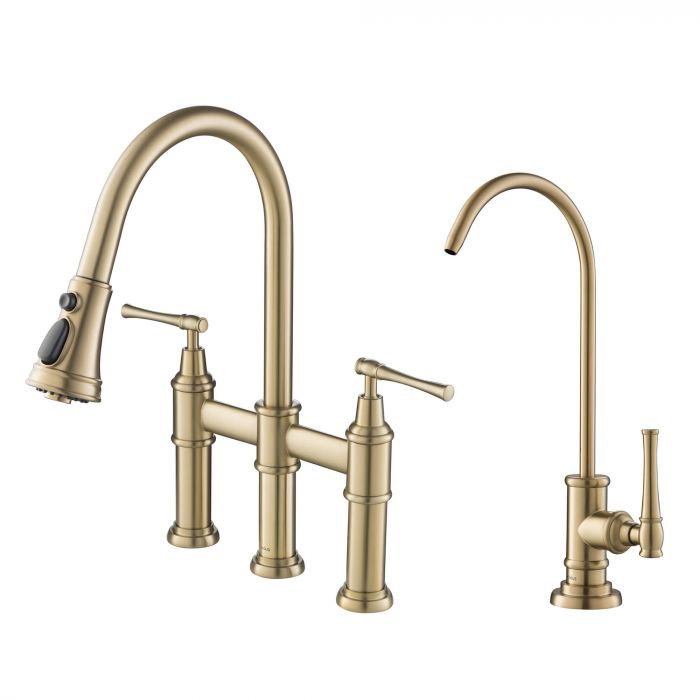 Kraus Allyn Transitional Bridge Kitchen Faucet & Water Filter Faucet Combo - Brushed Gold - KPF-3121-FF-102BG